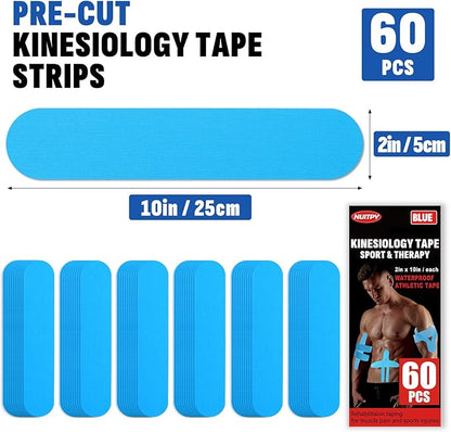 60PCS Precut Kinesiology Tape Strips, 2 inch x 10 inch Athletic Tape, Kinetic Tape, Elastic Muscle Tape, Sports Tape, Knee Tape for Exercise and Daily Use - Light Blue
