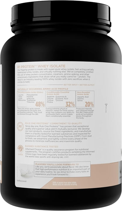 Rule 1 Naturally Flavored R1 Protein Whey Isolate - Clean Formula with 25g Protein & 6g BCAA Exclusively Isolated & Hydrolyzed Sources for Workout Recovery (1.7 Pounds*, Unflavored)