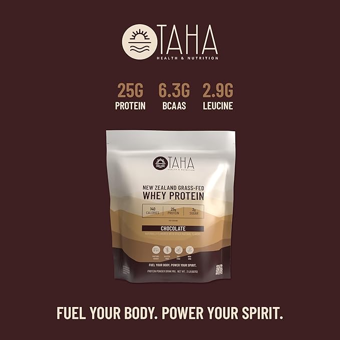 Taha Health & Nutrition Chocolate Flavored Whey Protein Concentrate Powder, 25g Protein, 140 Calories, 2g Sugar | New Zealand Grass-Fed, Free-Range Dairy | Gluten and Soy Free, Keto, Kosher | 2LB