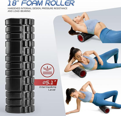 Foam Roller High Density Foam Roller Set for Deep Tissue Muscle Massage, 18" Trigger Point Fitness Exercise Massage Roller, Self-Myofascial Release for Whole Body (Black-18(2 in 1))