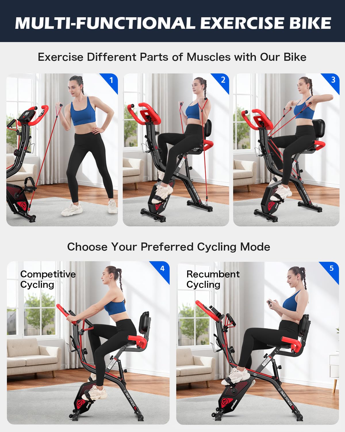 pooboo 4-in-1 Magnetic Folding Exercise Bike, Foldable Stationary Indoor Cycling Bike with 8-Level