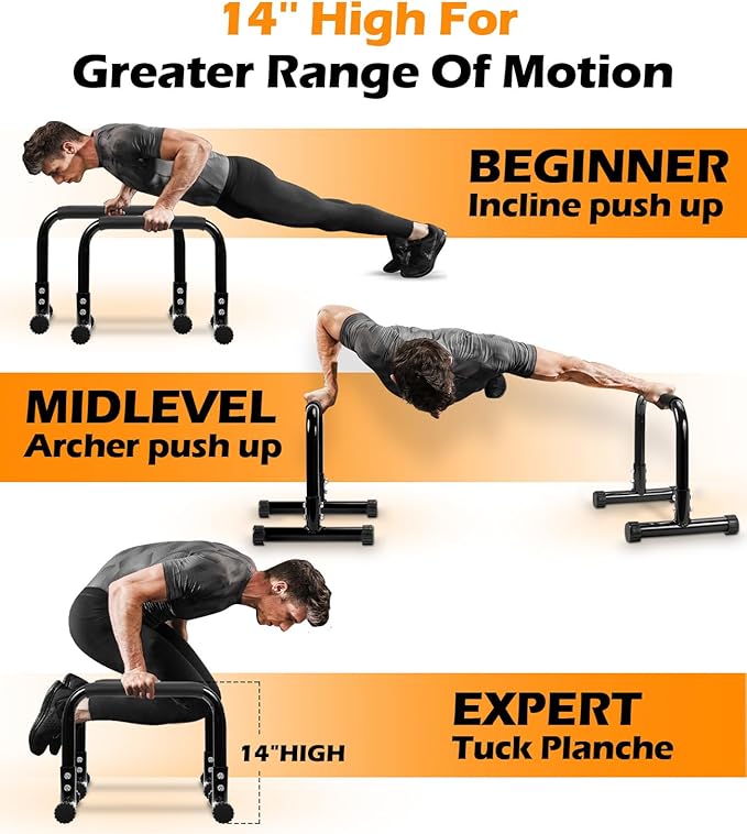 TABEKE Push Up Bar, 14'' High Steel Parallettes & Dip Bar with Full Coverage Foam Handle, Heavy-Duty Calisthenics Parallel Bars for L-Sit, Dips, Home Gym Strength Training Workout