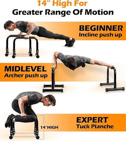 TABEKE Push Up Bar, 14'' High Steel Parallettes & Dip Bar with Full Coverage Foam Handle, Heavy-Duty Calisthenics Parallel Bars for L-Sit, Dips, Home Gym Strength Training Workout