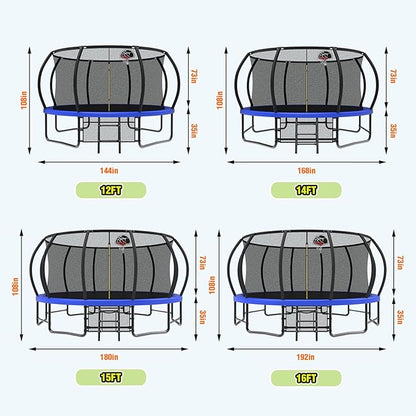 12 14 15 16FT Trampoline Outdoor with Basketball Hoop, Trampoline with Lights for Kids and Adults, Recreational Trampolin with Sprinkler, Stakes