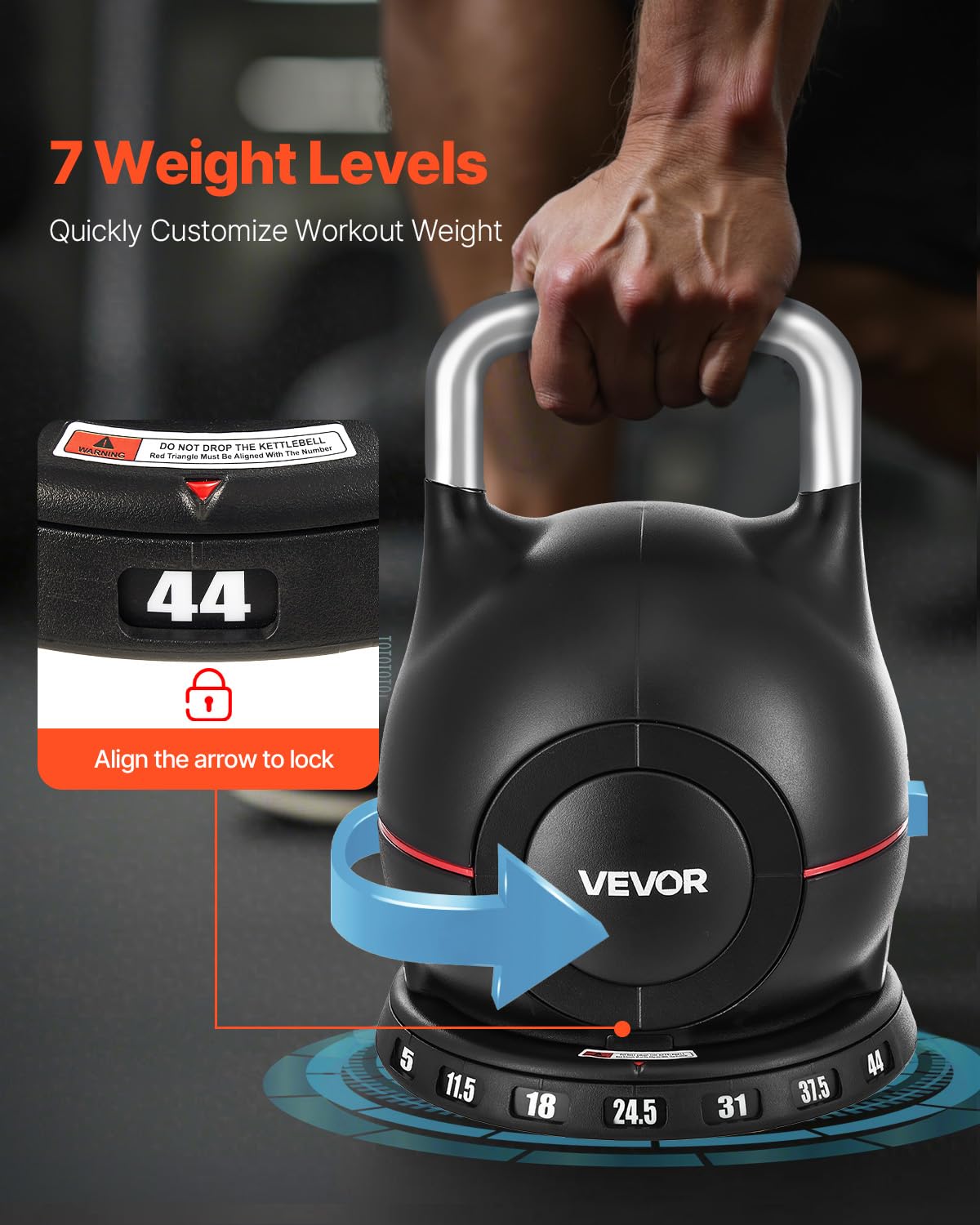 VEVOR Kettlebell, Adjustable Kettlebell with 7 Weight Levels (5, 11.5, 18, 24.5, 31, 37.5, 44 lbs)