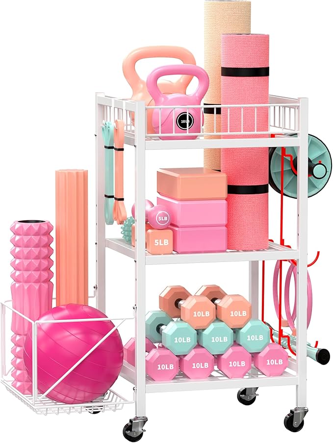 3-Tier Home Gym Storage Rack, Adjustable Yoga Mat Storage Rack, 250LBS Metal Workout Equipment Storage Cart with Large Basket & Lockable Wheels for Mats, Bands, Foam Rollers, Yoga Block (Rack Only)