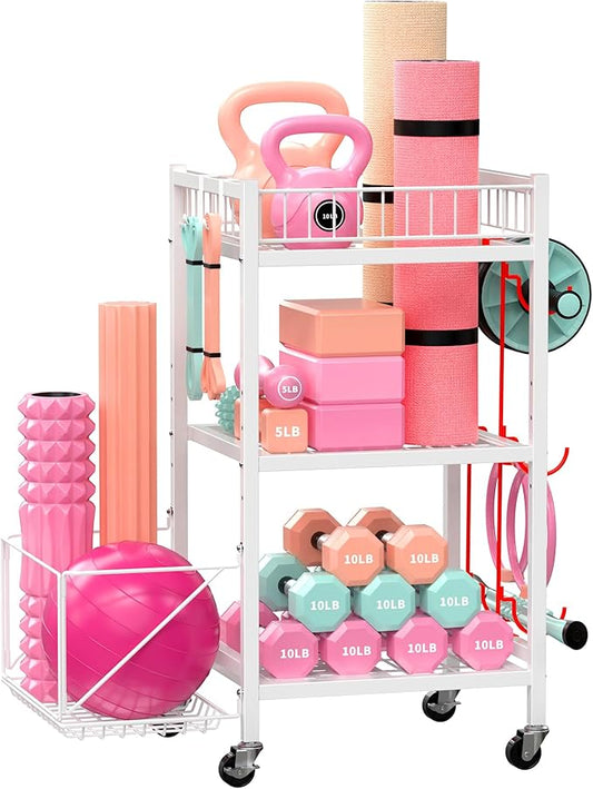 3-Tier Home Gym Storage Rack, Adjustable Yoga Mat Storage Rack, 250LBS Metal Workout Equipment Storage Cart with Large Basket & Lockable Wheels for Mats, Bands, Foam Rollers, Yoga Block (Rack Only)