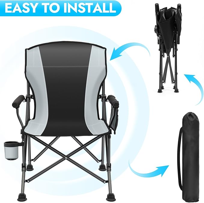 2 Pack Oversized Folding Camping Chair for Adults, Supports 450 LBS Camping Chairs, Heavy Duty Camping Chair with Side Pockets, Foldable Outdoor Chair for Camping, Beach, Fishing, Hiking, Black-Gray