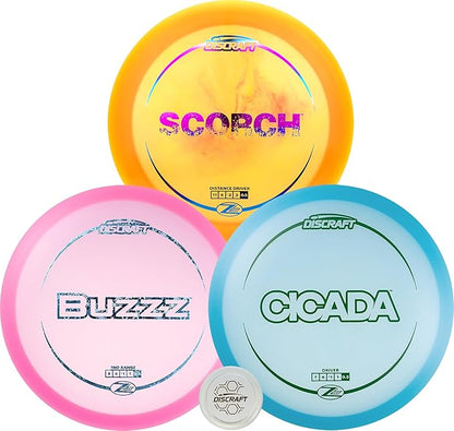 Discraft Z Lite 3-Pack - Premium Disc Golf Set with Cicada, Scorch, & Buzzz - Lightweight Discs in Varied Foils & Weights + Exclusive Snap Cap