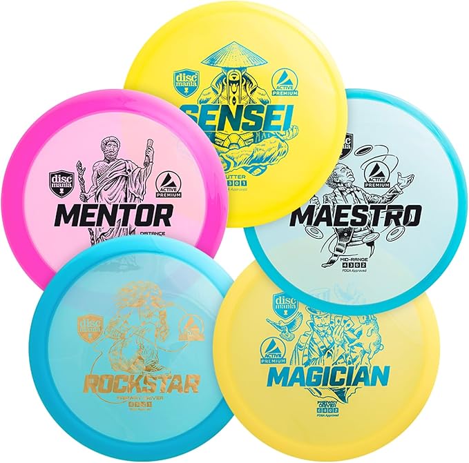 Discmania Disc Golf Set (5 Pack) | Active Premium Disc Golf Starter Set | Sensei, Maestro, Magician, Rockstar & Mentor | Premium Plastic, Easy to Throw | Ideal Gift for New Players (Colors May Vary)
