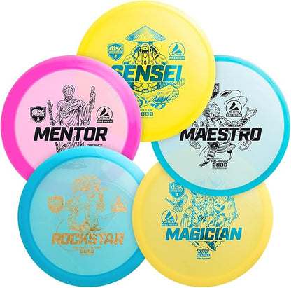 Discmania Disc Golf Set (5 Pack) | Active Premium Disc Golf Starter Set | Sensei, Maestro, Magician, Rockstar & Mentor | Premium Plastic, Easy to Throw | Ideal Gift for New Players (Colors May Vary)