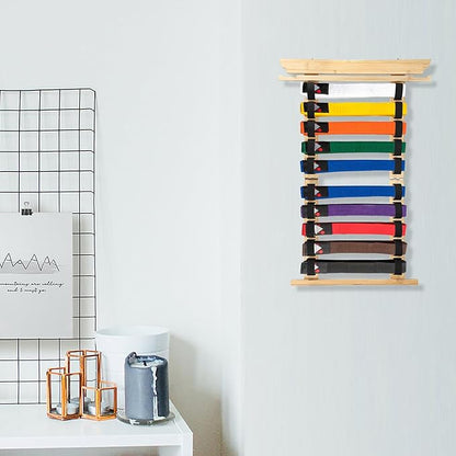 JUXYES Wall Hanging Martial Arts Belts Organizer for 10 Belts with Medal Hanger and Stickers, Bamboo Karate Belt Display Holder Rack, Taekwondo Belt Display Holder for Martial Arts Learners