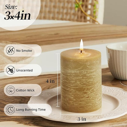 KONNI Wax Yellow Pillar Candles Set of 3, 3"x 4" Unscented Pillar Candles Bulk, 39 Hours Long Burning Candles, Smokeless&Dripless Large Round Candle for Wedding, Home Decoration, Parties, Spas, Dinner