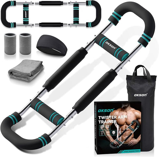 Twister Arm Trainer, Adjustable Chest Workout Equipment, Multi-functional Chest Exerciser for Men and Women, Portable Arm Trainer with 2 Wrist Bands, a Head Band, a Workout Towel and a Carry Bag