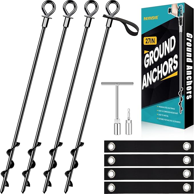27" Trampoline Stakes Heavy Duty, Ground Anchors Screw in Mobile Home Anchors Resistant High Wind for Large Buildings, Sheds, Metal Swing Sets, Carports, Canopies(Black-4x27)