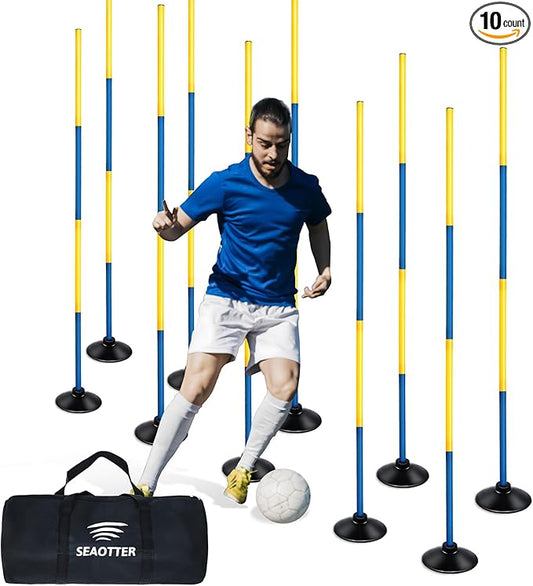SEAOTTER Soccer Agility Poles with Rubber Base, 10 Pcs Detachable Sports Speed Agility Training Equipment, Agility Sticks for Football, Rugby, Basketball, Slalom, Indoor & Outdoor
