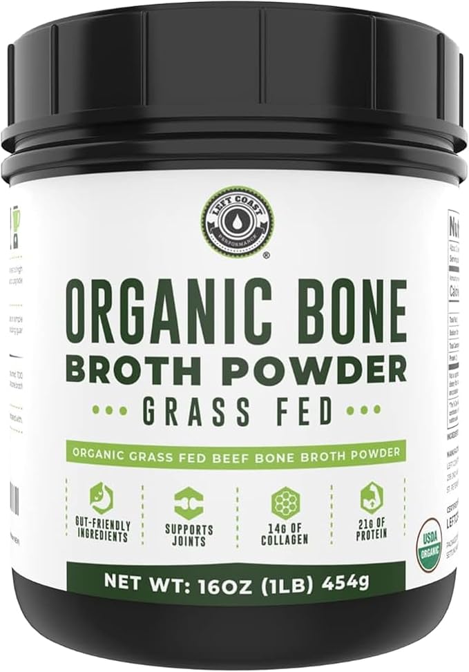 16oz Organic Bone Broth Protein Powder from Grass Fed Beef - USDA Certified Organic, Single Ingredient, Rich in Collagen, Glucosamine, No Additives, Perfect for Carnivore, Paleo, and Keto Diets
