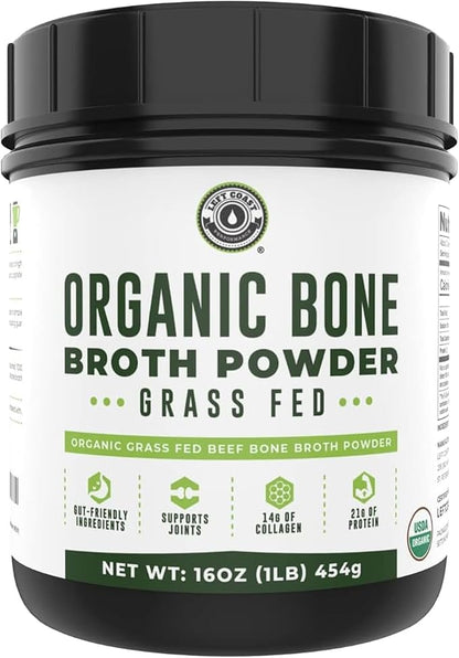 16oz Organic Bone Broth Protein Powder from Grass Fed Beef - USDA Certified Organic, Single Ingredient, Rich in Collagen, Glucosamine, No Additives, Perfect for Carnivore, Paleo, and Keto Diets