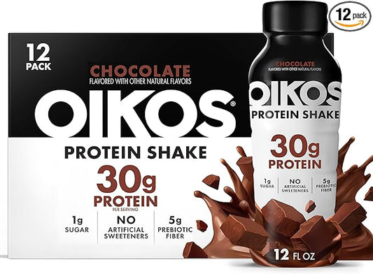Oikos Protein Shake, Chocolate, 30g High Protein Drinks, Shelf Stable, Ready to Drink, 5g Prebiotic