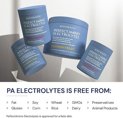 BodyHealth PerfectAmino Electrolytes Powder No Sugar, Keto Sugar Free Fasting Electrolytes Drink Mix, Hydration Powder with Trace Minerals - Watermelon - 60 Servings