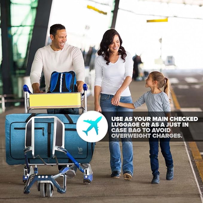 Bago Foldable Duffel Bags for Traveling Women & Men - 60L Medium Packable Duffle Bag for Travel with Shoe Compartment - Water Repellant, Heavy Duty, Lightweight Folding & Collapsible (Blue)