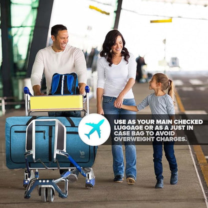 Bago Foldable Duffel Bags for Traveling Women & Men - 60L Medium Packable Duffle Bag for Travel with Shoe Compartment - Water Repellant, Heavy Duty, Lightweight Folding & Collapsible (Blue)