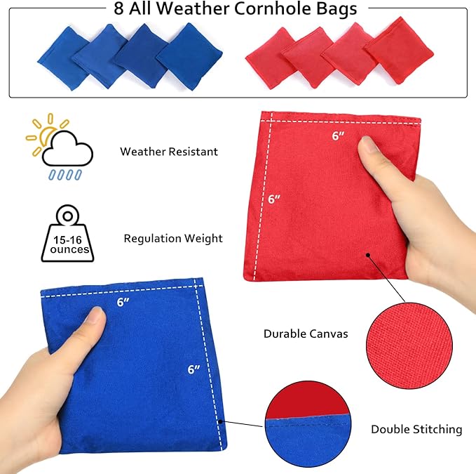 Solid Wood Premium Cornhole Game Set, Bean Bag Toss Game for Tailgate, Outdoor, Backyard - Professional Portable Cornhole Boards & Set of 8 Cornhole Bean Bags (Junior, Tailgate, Regulation Size)