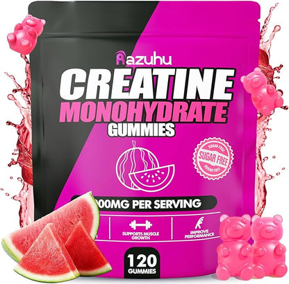 Flavored creatine monohydrate gummies sugar free,Pre workout supplements creatine gummies for men&women,Gym supplements,Supports muscle growth,Recovery,Strength,Energy Boost（120 count）-watermelon