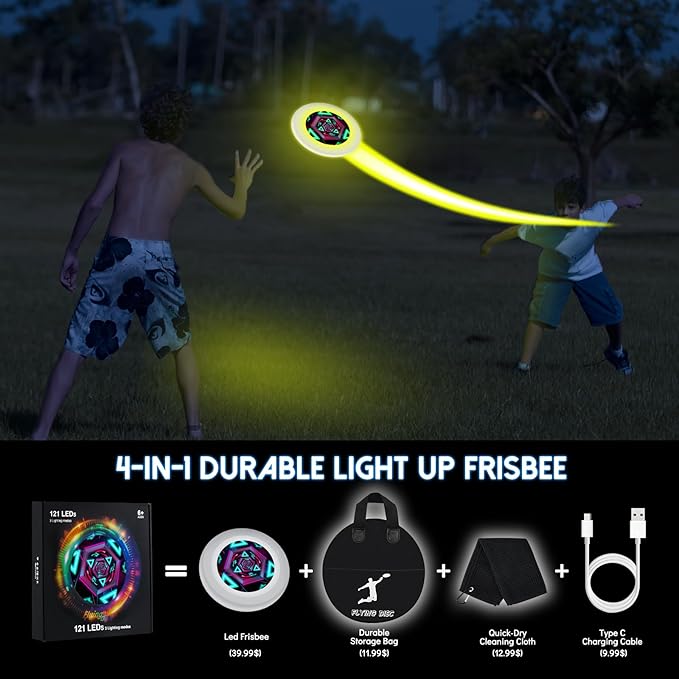 49LEDs Flying Disc with 16 Million Color RGB, 3 Modes+Rechargeable+Waterproof+175g, Cool Sports and Outdoors for Parks/Camping/Beach/Backyards,Easter & Birthday Gifts for Teens/Kids/Adults