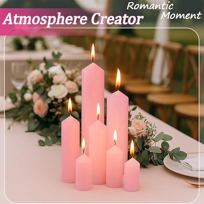 18 Pcs Pink Pillar Candles Bulk Set，Hurricane Candlesï¼? Different Lengths (6 Each)，Dripless Unscented Smokeless，Gives You a Better Atmosphere When Organizing Wedding or Event Party.