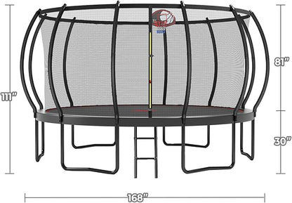 12 14 15 16FT Trampoline Outdoor with Basketball Hoop, Trampoline with Lights for Kids and Adults, Recreational Trampolin with Sprinkler, Stakes