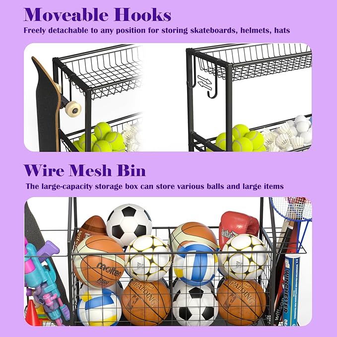Sports Equipment Organizer, Outdoor Toy Storage - Garage Storage with 2 Side Racks & Removable Baskets, Heavy-Duty Garage Organization Ball Cart with Wheels for Sports