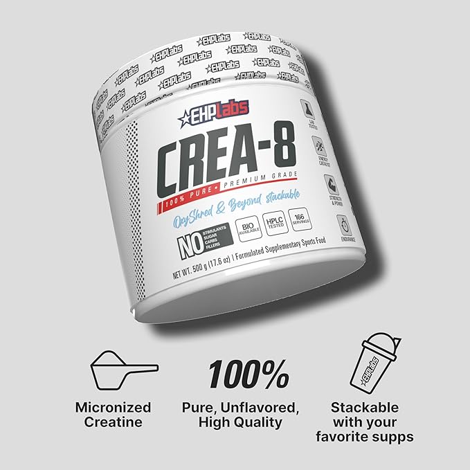 EHP Labs CREA-8 Micronized Creatine Monohydrate Powder - Unflavored Creatine Powder for Muscle Growth, Increased Strength, Enhanced Energy Output and Improved Performance - 100 Servings (500g)