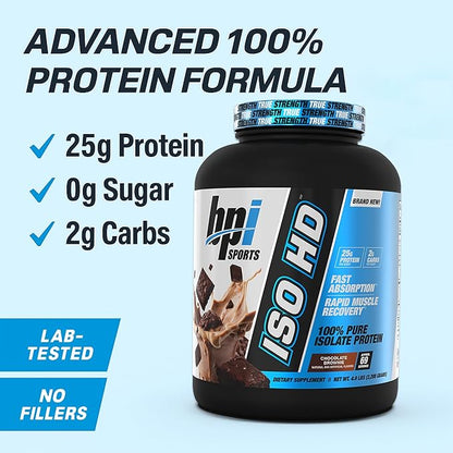 BPI Sports ISO HD Isolate Protein Powder ??100% Whey Isolate, Protein Powder for Muscle Gain - Chocolate Brownie, 5.4 Pounds - 69 Servings