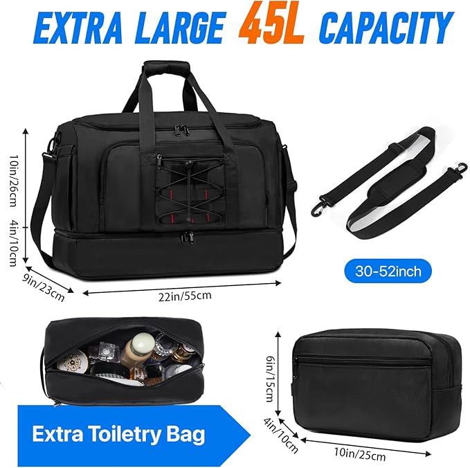 Travel Bag for Men Women, Duffle Bag & Gym Bag with Shoe Compartment, Weekender Overnight Bag with Toiletry Bag and Carry on Bags for Travel, Flight Airplane, Fit Trip, Gym, Yoga, Black