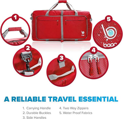 Bago Large Foldable Duffel Bags for Traveling Women & Men - 120L Packable Duffle Bag for Travel with Shoe Compartment - Water Repellant, Heavy Duty, Lightweight Folding & Collapsible (Red)