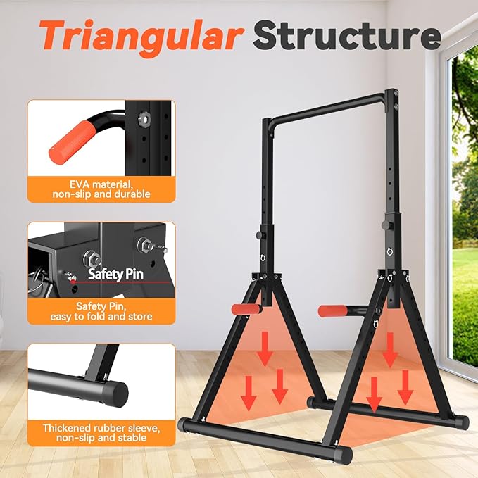 Power Tower Pull Up Dip Station Foldable, Pull Up Bar Station Adjustable, Multi-Function Home Gym, Strength Training Fitness Equipment, Triangular Design, for Home Outdoor