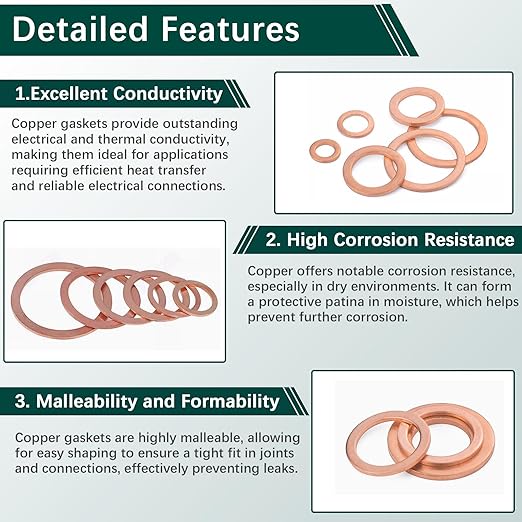 350 PCS, Premium Copper Metric Sealing Crush Washers Assortment Kit, Enhanced Flat Ring Oil Drain Plug Crush Washer Gasket Seal Set, Banjo Bolt Washers for Automotive, Motorcycles （10 Size）