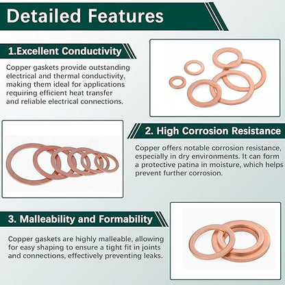 350 PCS, Premium Copper Metric Sealing Crush Washers Assortment Kit, Enhanced Flat Ring Oil Drain Plug Crush Washer Gasket Seal Set, Banjo Bolt Washers for Automotive, Motorcycles （10 Size）