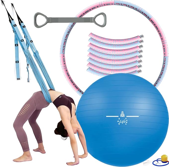 Yoga Set 4 in 1 Yoga Equipment Set. Anti-Burst and Slip Resistant Yoga Ball. Leg Stretcher Strap for Pilates. Free Weight Hula Hoop for Workout. Figure 8 Fitness Resistance Band