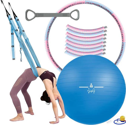 Yoga Set 4 in 1 Yoga Equipment Set. Anti-Burst and Slip Resistant Yoga Ball. Leg Stretcher Strap for Pilates. Free Weight Hula Hoop for Workout. Figure 8 Fitness Resistance Band