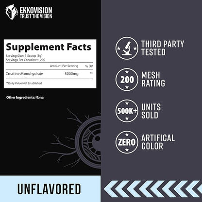 Ekkovision Creatine Monohydrate Powder, Micronized, Unflavored, Pre Workout & Post Workout Supplement for Men and Women, Energy Support, Easy to Mix in Shakes, Smoothies & Beverages, 200 Servings