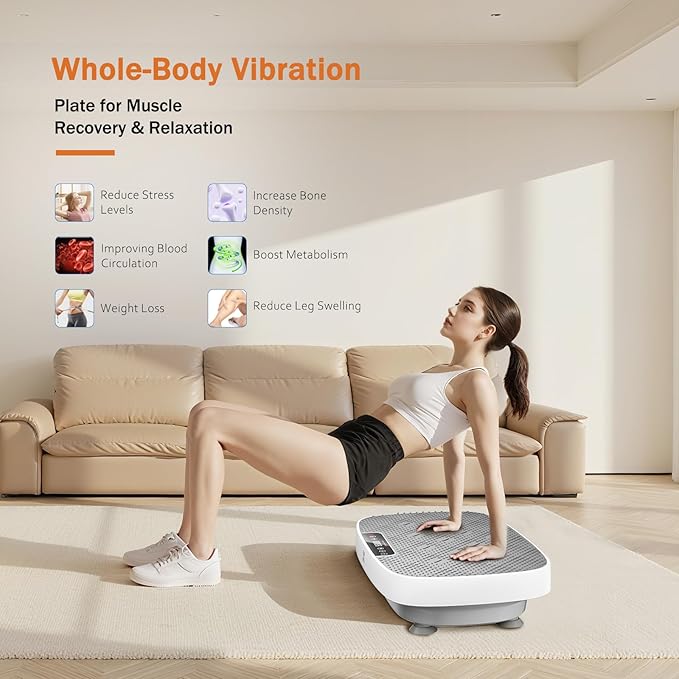 Vibration Plate Exercise Machine, Vibration Plate for Lymphatic Drainage & Body Toning, Whole Body Vibration Plate Platform with Bluetooth, Ultra-Quiet Home Gym Equipment, Resistance Bands