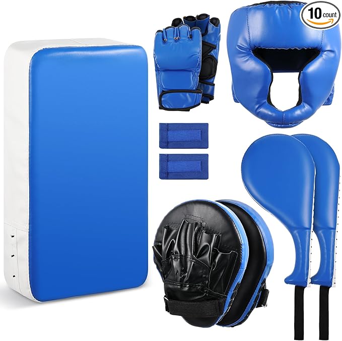 10 In1 Punching Mitts Kick Pad Set Taekwondo Pads Boxing Mitts Focus Pads Boxing Gloves Safety Head Guard Wrist Band for Kickboxing, Karate, Muay Thai, MMA Training