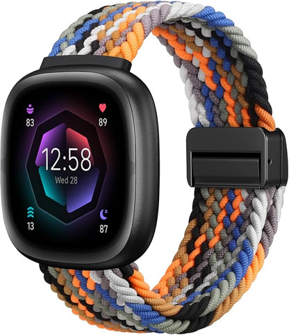 Fintie Magnetic Braided Stretchy Band Compatible with Fitbit Versa 4 3 / Sense 2 1, Soft Woven Nylon Sport Elastic Replacement Strap Wrist Bands, Camouflage Colors