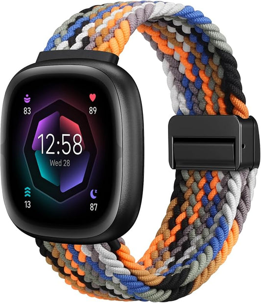 Fintie Magnetic Braided Stretchy Band Compatible with Fitbit Versa 4 3 / Sense 2 1, Soft Woven Nylon Sport Elastic Replacement Strap Wrist Bands, Camouflage Colors