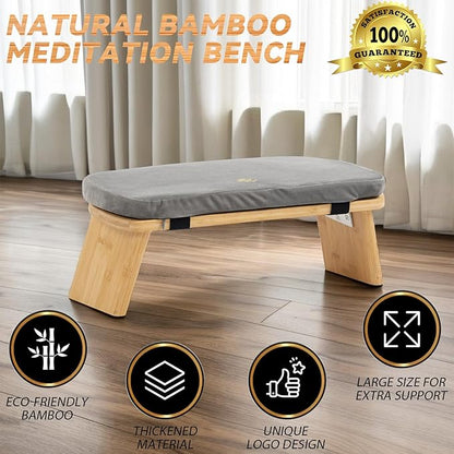 Meditation Bench, Bamboo Meditation Stool, Folding Kneeling Meditation Bench, Seiza Prayer Bench, Prayer Bench with Meditation Cushion, Kneeling Stool (Grey & Big)