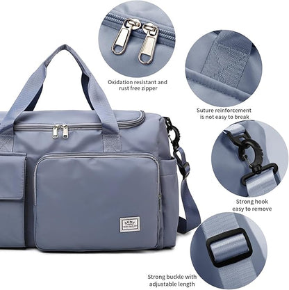 Travel Duffel Tote Bag with Dry Wet Separation Pocket, Weekender Bag for Women and Men，Waterproof Bag with Shoe Compartment Lightweight and Easy Carry on Blue