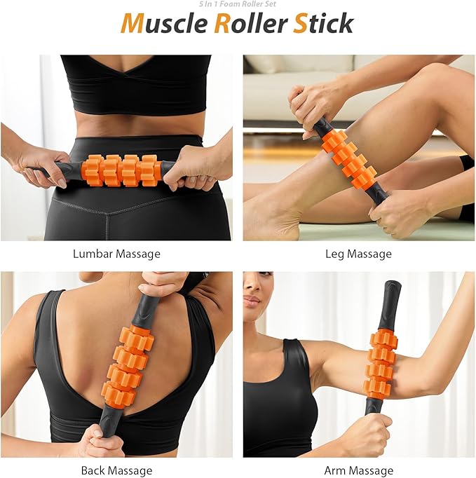 5 in 1 Foam Roller Set - Trigger Point Foam Back Roller, Muscle Roller Stick, Massage Ball, Stretching Band for Deep Muscle Massage Pilates Yoga,Fitness Exercise for Whole Body Release (Pure Orange)