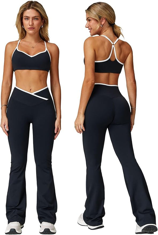 ABOCIW Workout Sets for Women 2 Piece Color Block Strappy Sports Bra High Waist Leggings Gym Yoga Pilates Outfits